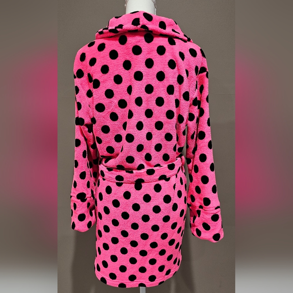 PINK Women's Polka Dot Plush Robe with Belt - Picture 4 of 4